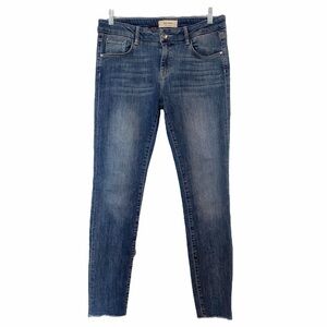 MOS MOSH SUMMER BLOSSOM MEDIUM WASH RED PATCH MID-RISE RAW TAPERED LEG JEANS